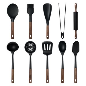 트루쿡 북미산 월넛 프리미엄 실리콘 조리도구 10종세트, 1세트, 블랙, 북미산 월넛 실리콘 조리도구 10종 세트