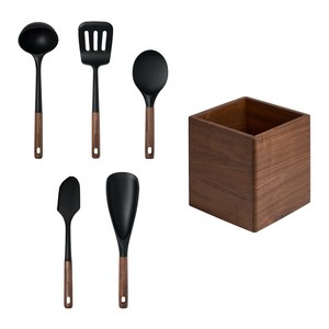 트루쿡 북미산 월넛 실리콘 조리도구 5종 멀티함 세트, 1세트, 월넛, 국자+뒤집개+주걱+스패츌라+멀티스푼+조리도구 멀티함