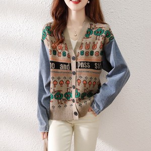 티티웍스 여성 브이넥 데님 배색 프린트 긴팔 니트 가디건 캐주얼 데일리 카디건