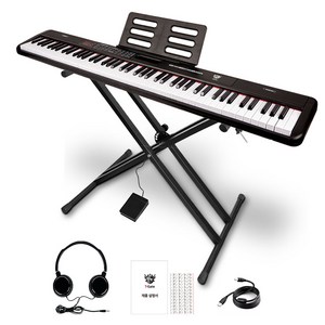 더뮤직 / 교습용 88건반 전자 디지털 피아노 + 스탠드 + 서스테인 페달 + 헤드셋 + MIDI-USB 케이블 풀 세트, 블랙, 화이트, 블랙-JO-A01B-H, 1개