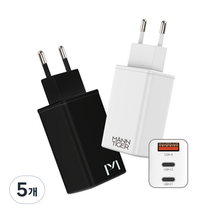 만타이거 65W PD & USB C타입 PPS 3포트 멀티 GaN 초고속 충전기 충전어댑터, 5개, 블랙