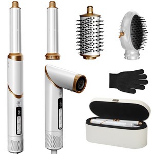 라이프소 5in1 헤어 스타일러 초고속 BLDC 모터 디스플레이 저소음 더블이온 접이식 드라이기 가성비 끝판완 고급 가죽 수납케이스, 단열 장갑 증정 가정용 전문가용 선물용, 화이트 골드 혼합, F101