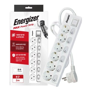 에너자이저 개별스위치 멀티탭 6구 납작플러그 과부하차단 16A, 1개, 화이트(개별스위치 6구), 2m