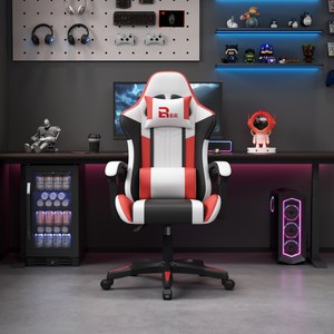 다기능 인체공학 게이밍의자 / 발판 포함 / 360도 회전 높이조절 / 장시간 사무 + 게임용, 빨간색+흰색