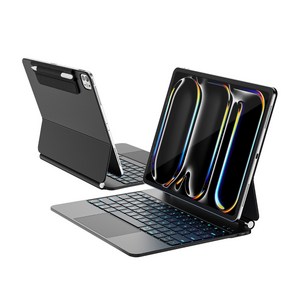 한국형 아이패드 프로 13인치 마그네틱 키보드 케이스, M5(8세대)/M4(7세대) 호환, 11색 백라이트, 트랙패드, 내구성 가죽, 블랙, 1개