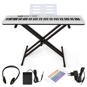 디에스뮤직 교습 입문용 88건반 전자 디지털 피아노 + 스탠드 + 서스테인 페달 + 계이름 스티커 세트, 화이트, 1개