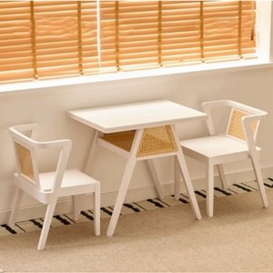 루빌리 원목 2인용 식탁 테이블 사각 의자 세트 모던 인테리어 테이블 라탄, 화이트 라탄