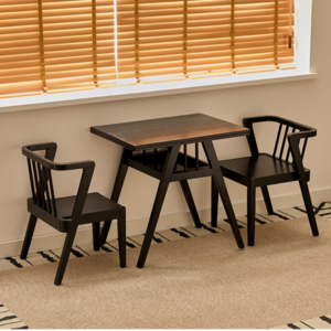 루빌리 원목 2인용 식탁 테이블 사각 의자 세트 모던 인테리어 테이블 라탄, 블랙