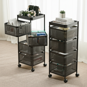 라즈웰 이동식 트롤리 수납함 회전 철제 수납장, 블랙, 4단